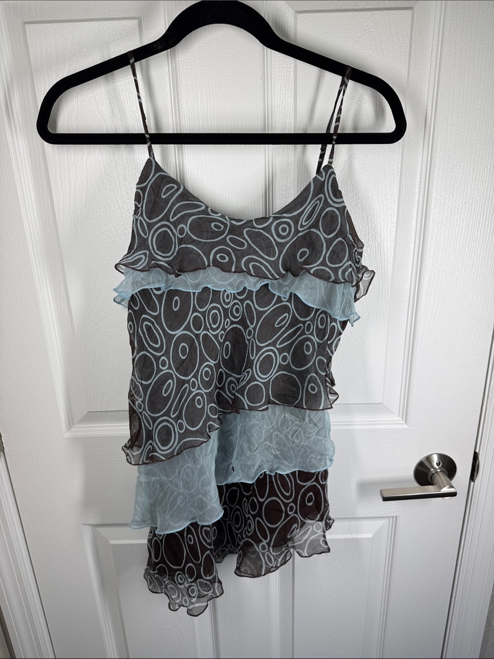 Sunny Leigh chocolate brown and light blue silk tiered ruffle tank size large